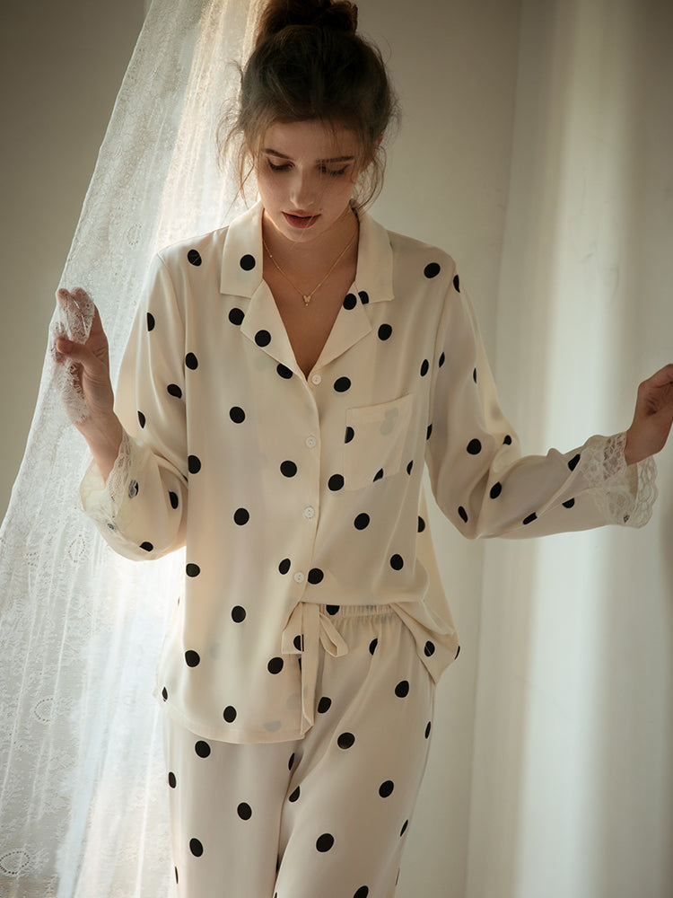 100% Silk Polka-Dot & Lace Pajamas