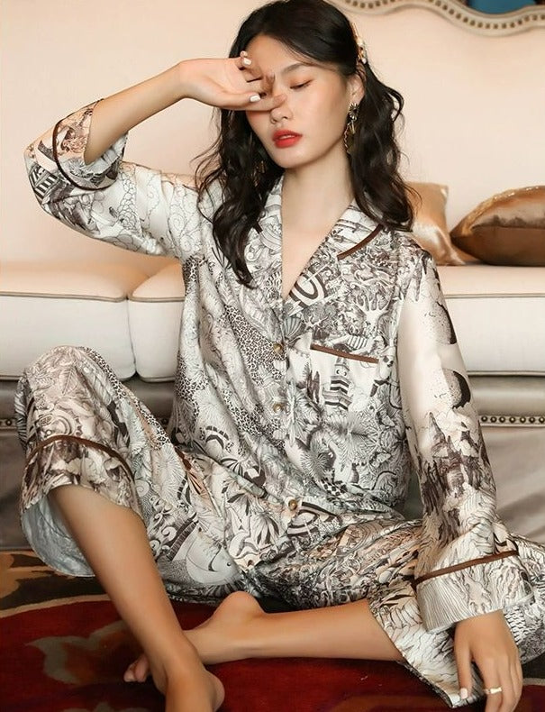 Faux Silk Chinese Jungle Print Pajamas