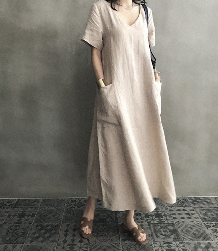 Loose Fit V-Neck Linen Dress