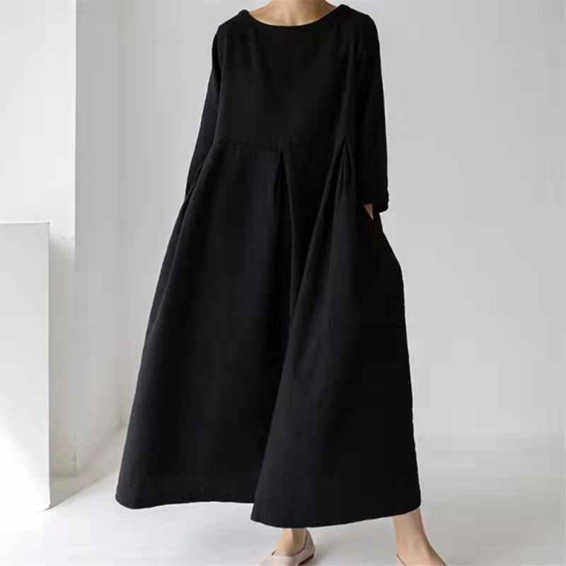 Cotton Linen Pleated Long Smock Dress
