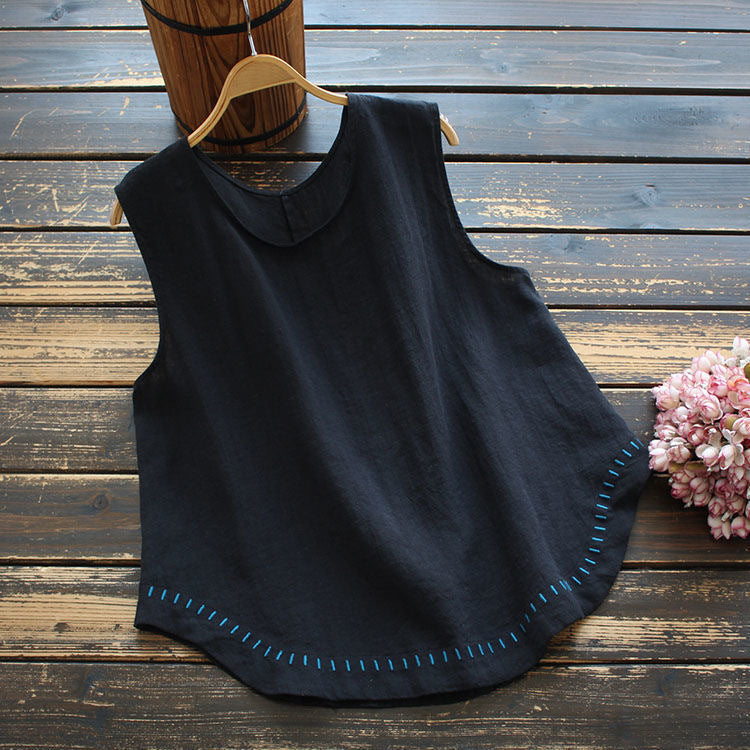 Cotton/Linen Tank With Embroidered Hem