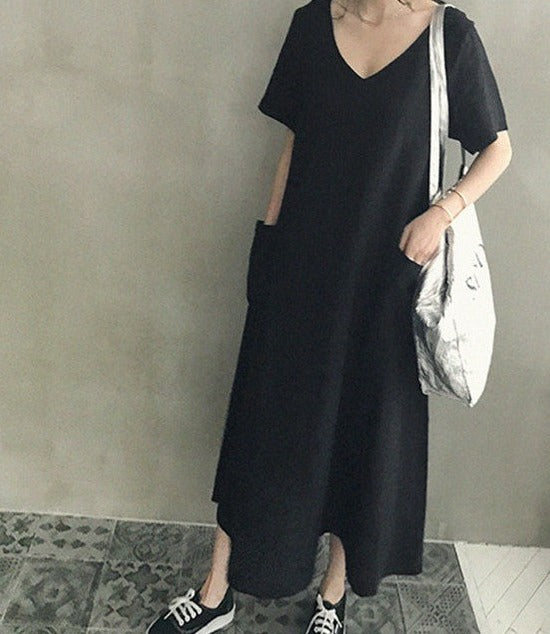 Loose Fit V-Neck Linen Dress