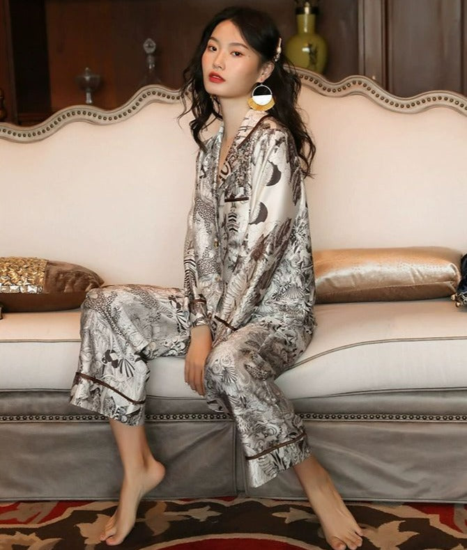 Faux Silk Chinese Jungle Print Pajamas