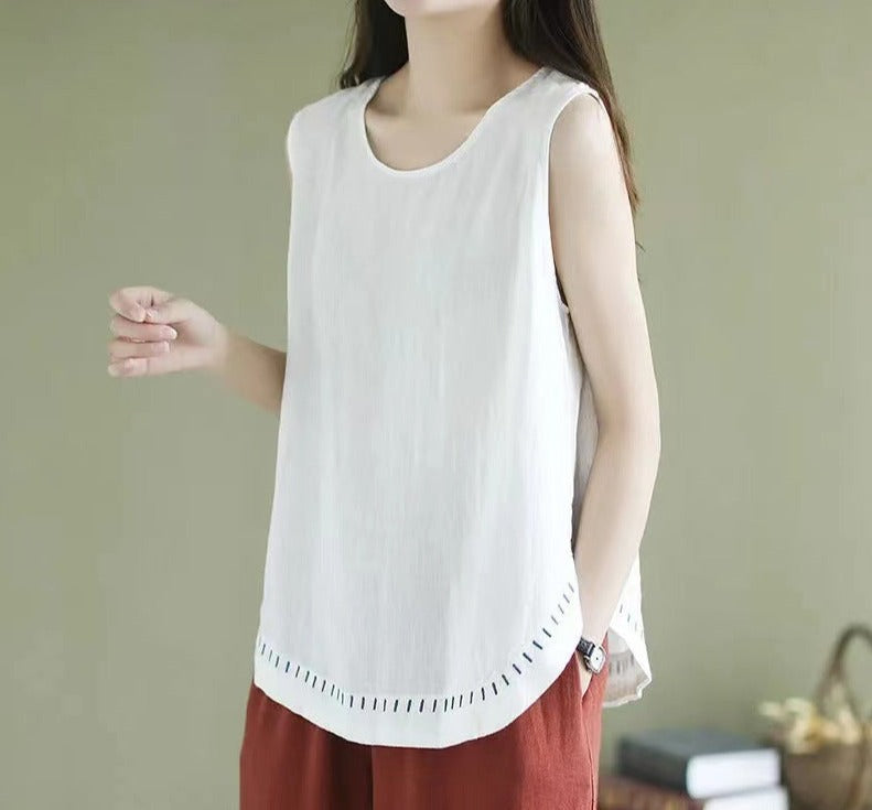 Cotton/Linen Tank With Embroidered Hem