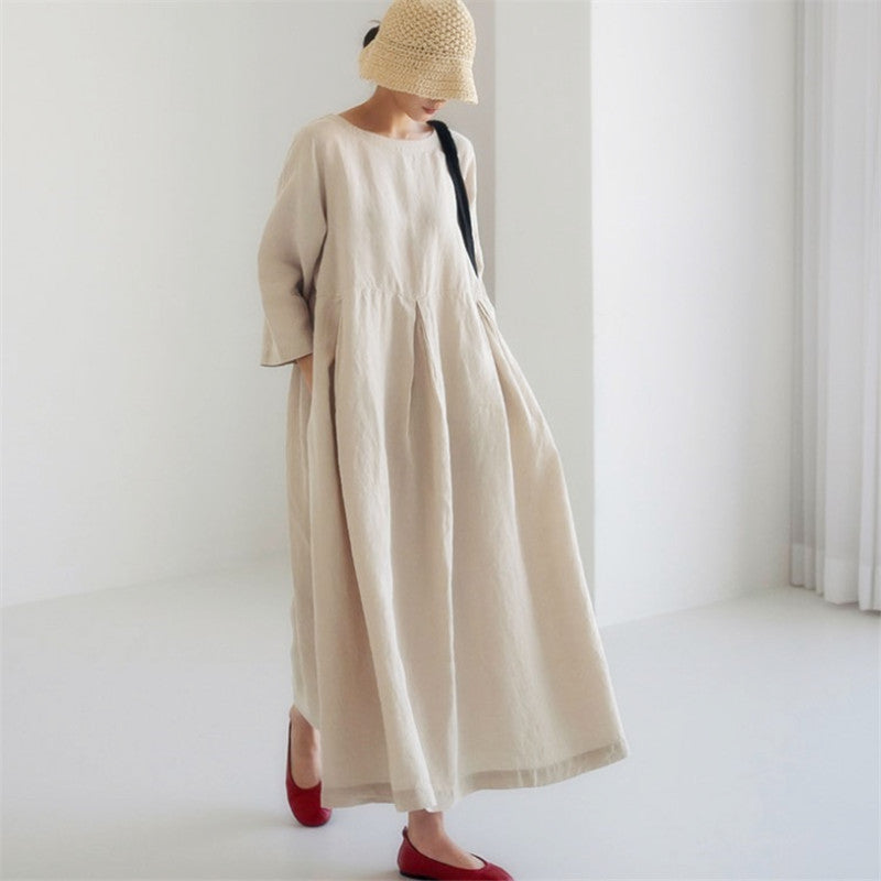 Cotton Linen Pleated Long Smock Dress