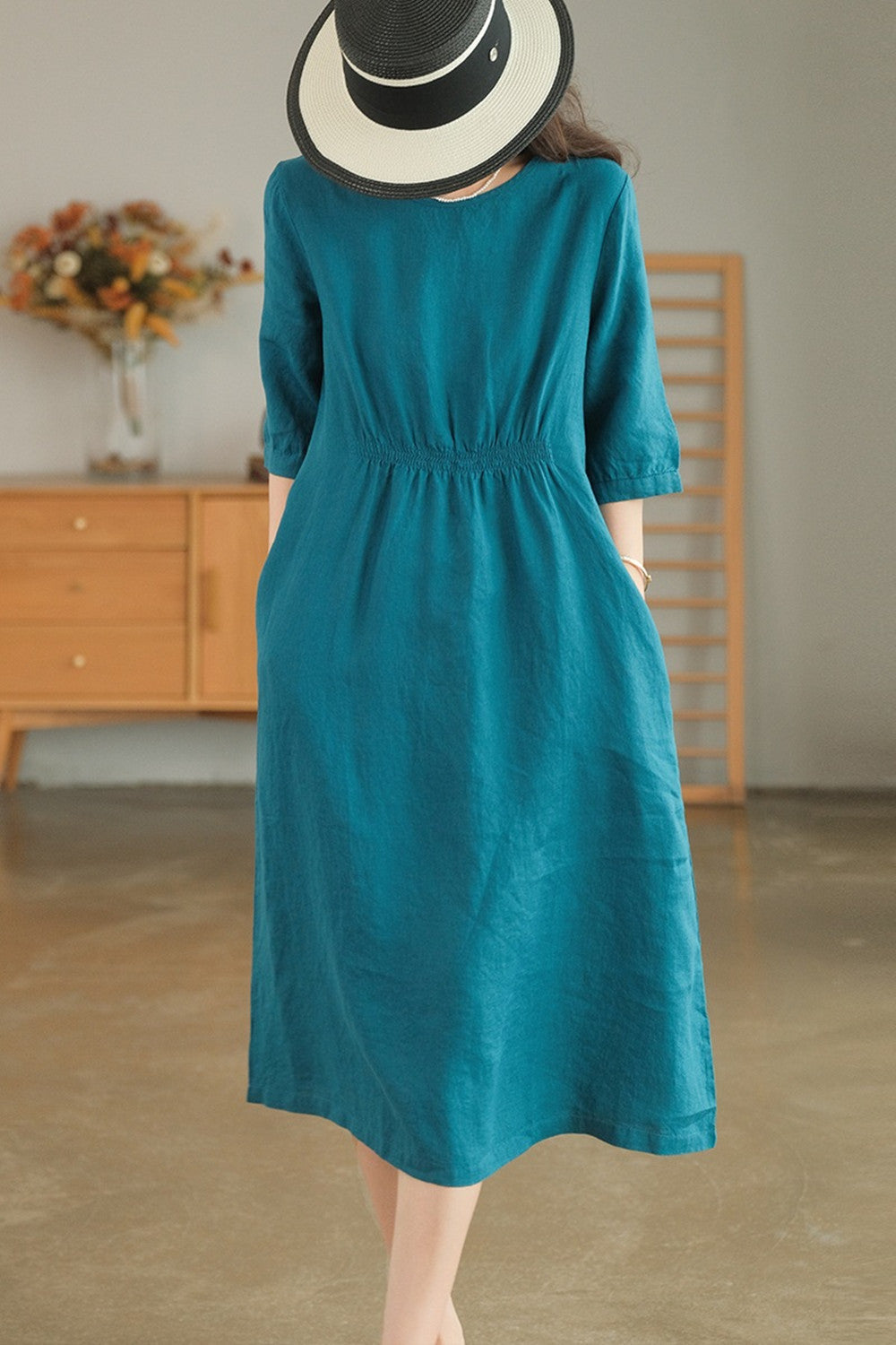 Front and Back Gathered Linen Dress