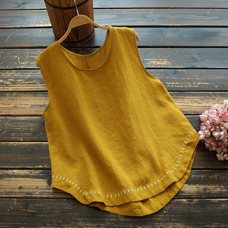 Cotton/Linen Tank With Embroidered Hem