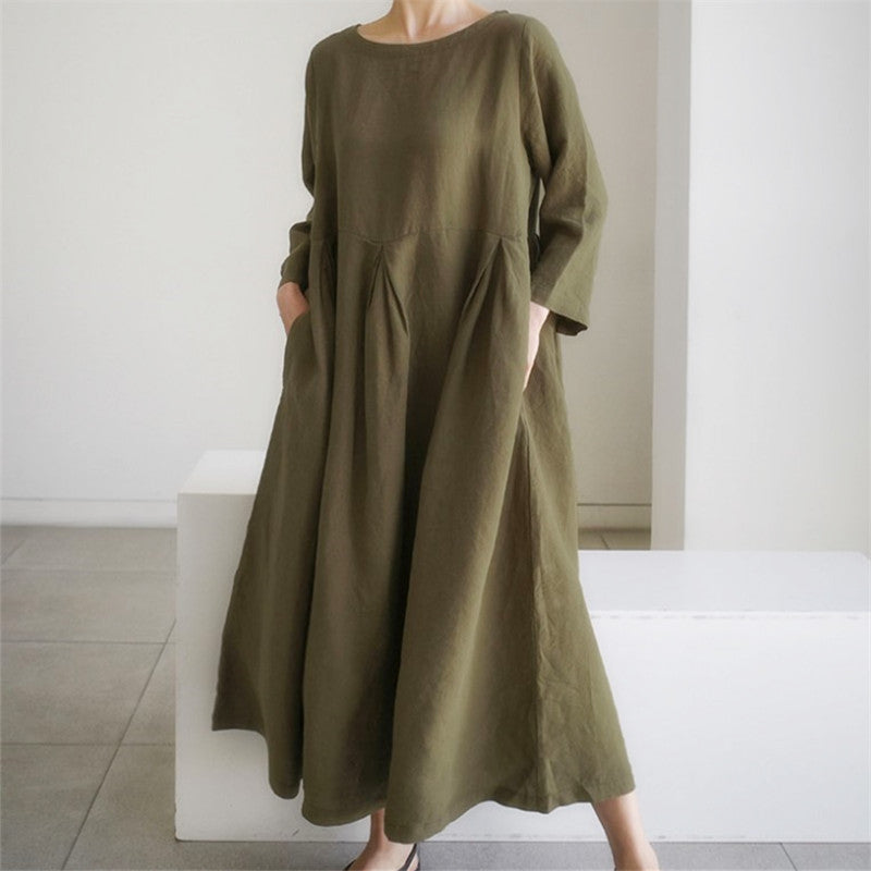Cotton Linen Pleated Long Smock Dress