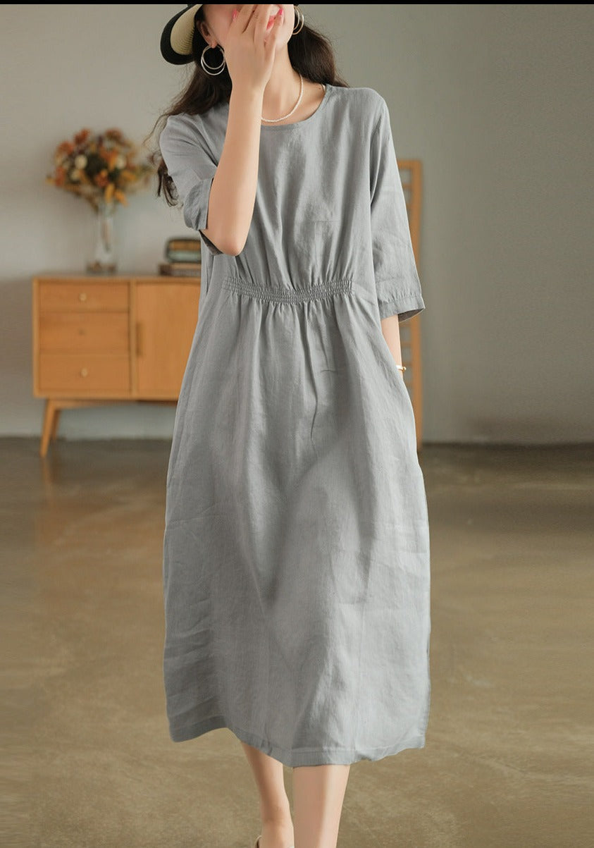 Front and Back Gathered Linen Dress