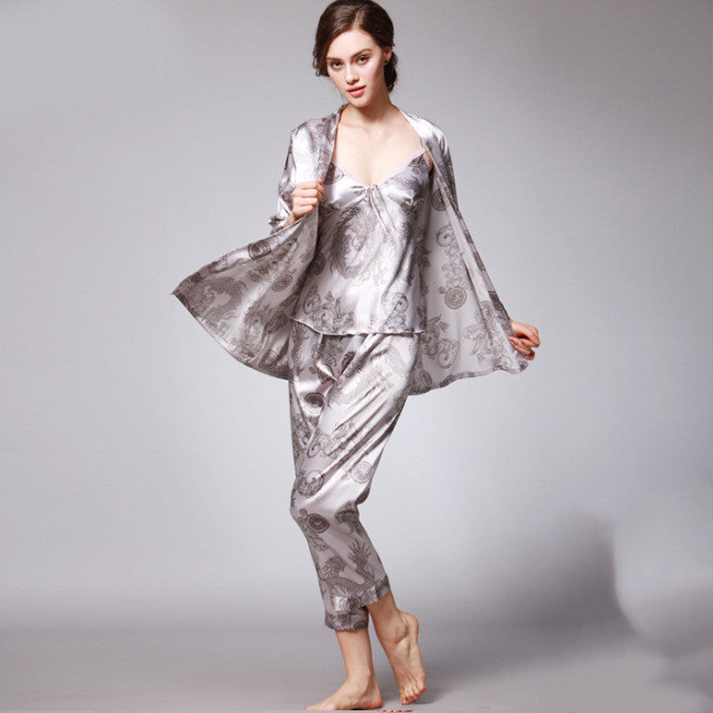 Three-Piece Faux Silk Pajamas