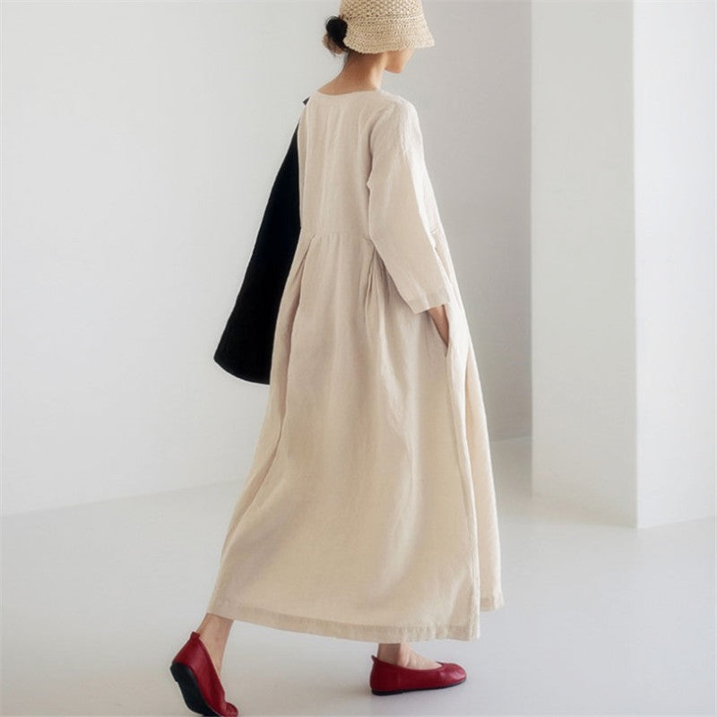 Cotton Linen Pleated Long Smock Dress