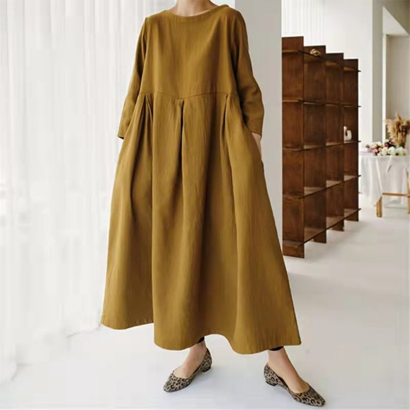 Cotton Linen Pleated Long Smock Dress