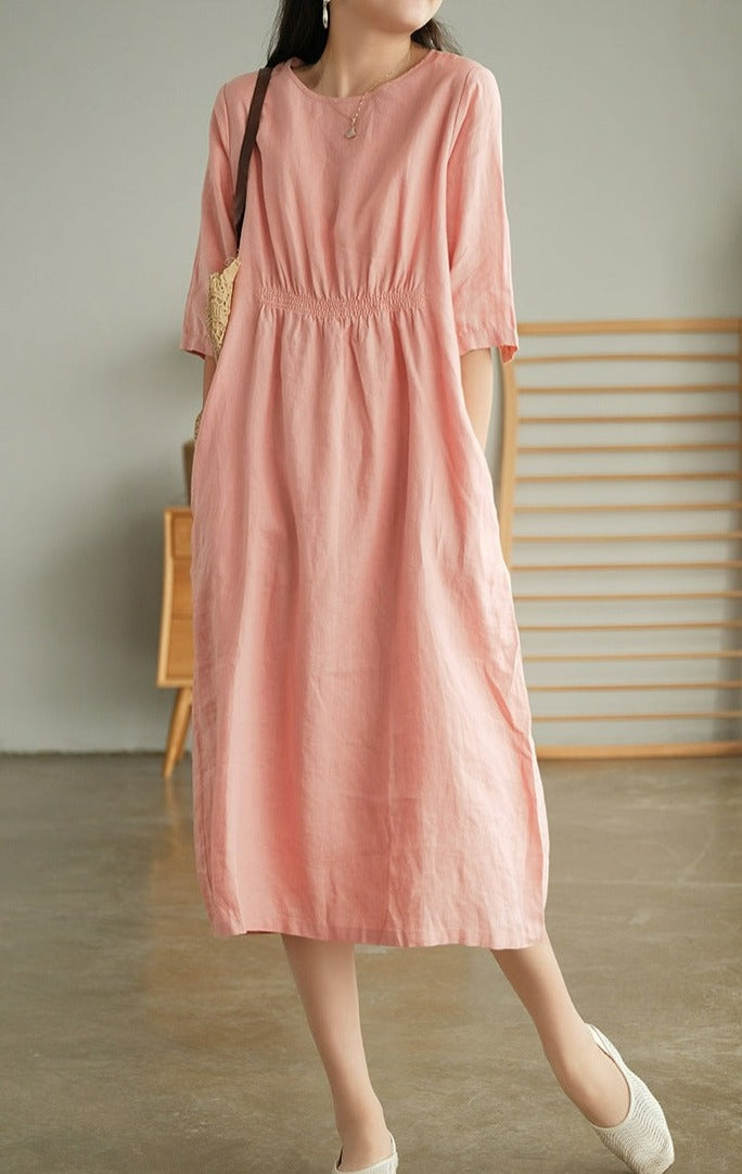 Front and Back Gathered Linen Dress