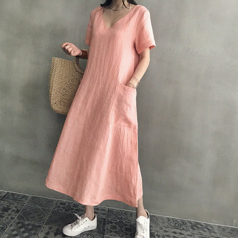 Loose Fit V-Neck Linen Dress
