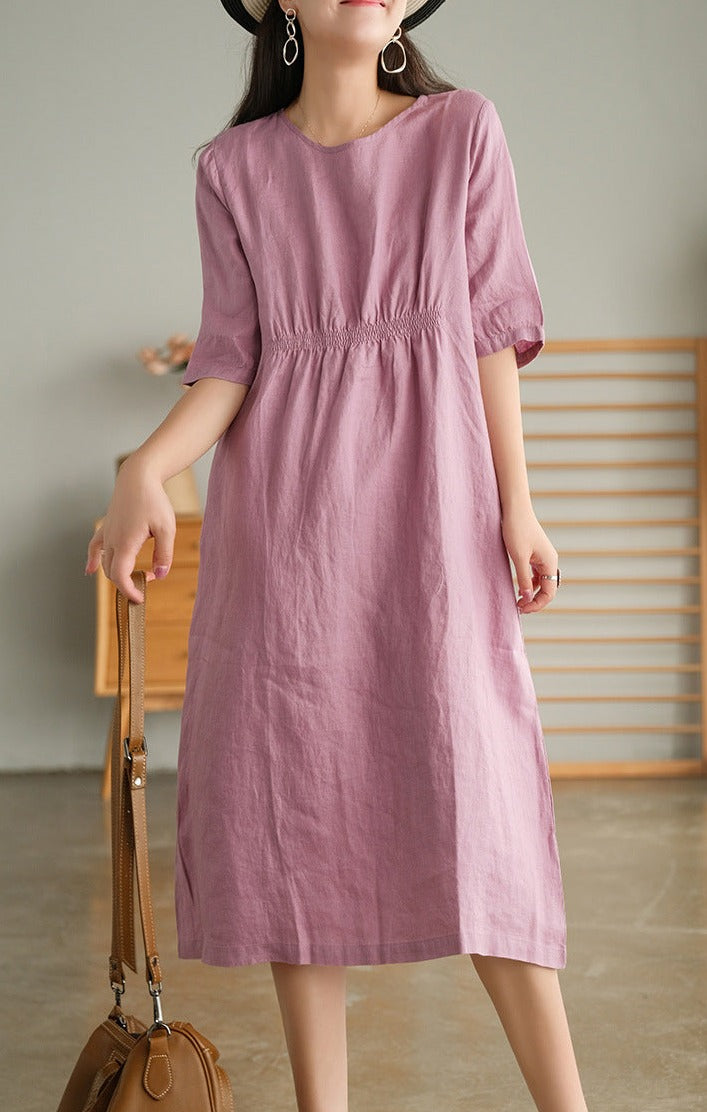 Front and Back Gathered Linen Dress