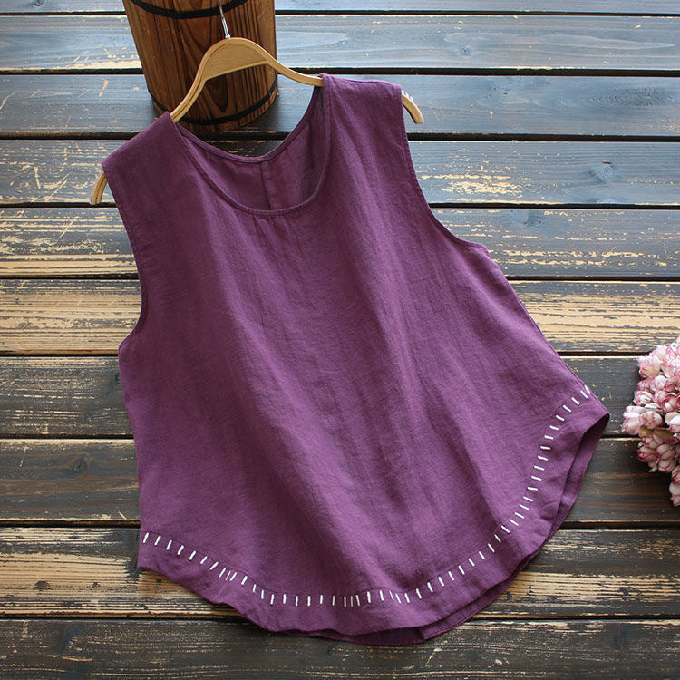 Cotton/Linen Tank With Embroidered Hem