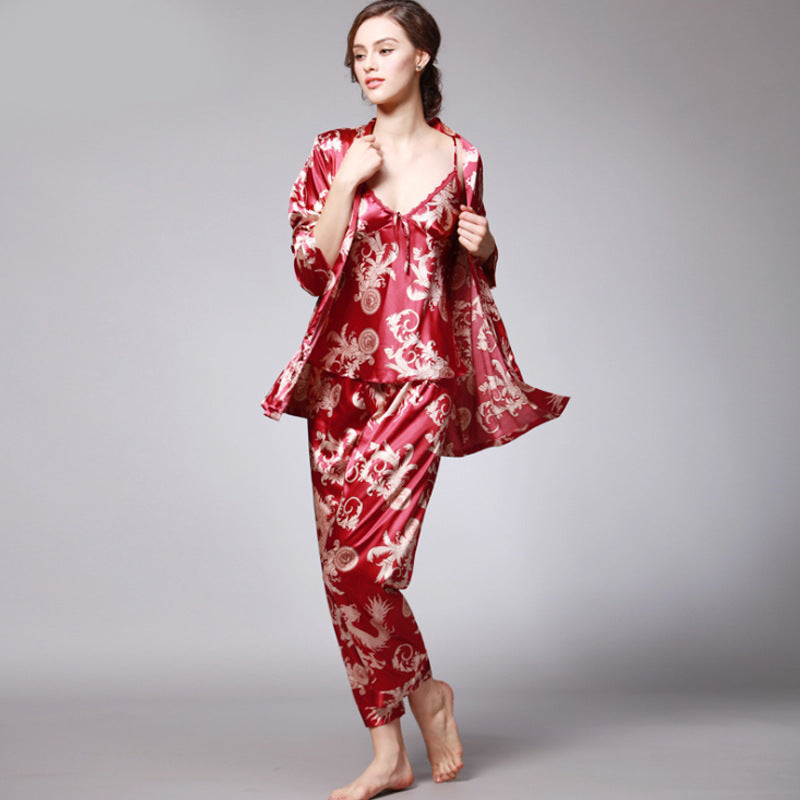 Three-Piece Faux Silk Pajamas