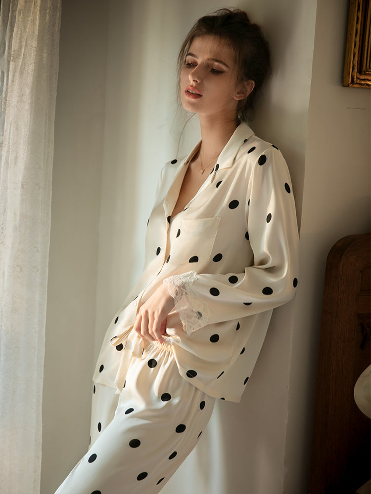 100% Silk Polka-Dot & Lace Pajamas