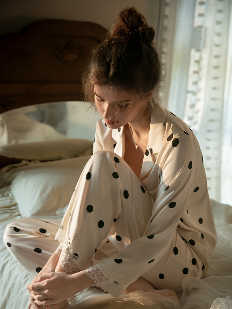 100% Silk Polka-Dot & Lace Pajamas