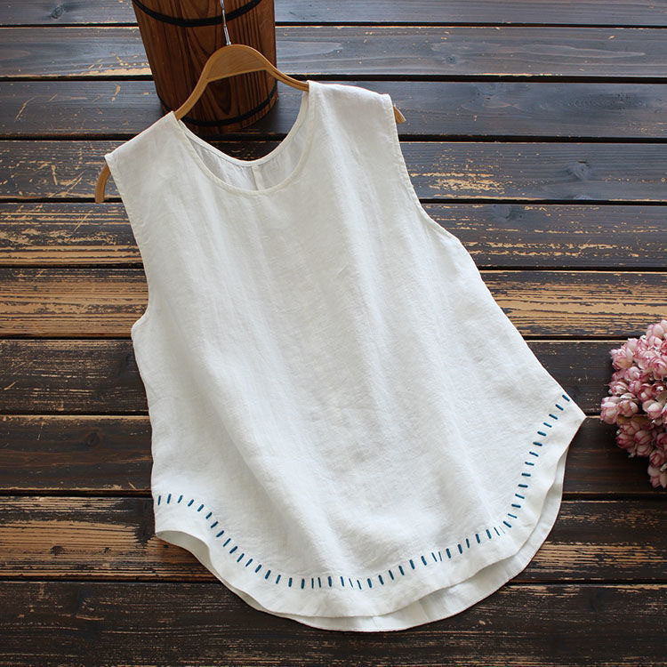 Cotton/Linen Tank With Embroidered Hem